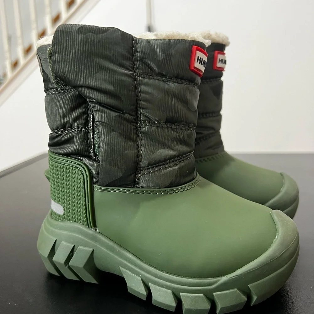 Hunter Olive Green & Camo Sherpa Lined Padded Kids Winter Boots 5